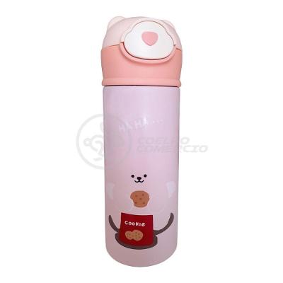Garrafa Térmica De Ursinho Rosa Infantil 420ml Com Trava De Tampa E Canudo De Silicone