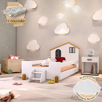 Cama Montessoriana Infantil Juvenil Belissima Preta Branca E Amêndoa + Luminária Led + Colchão - Branco