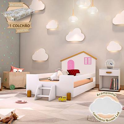 Cama Infantil Juvenil Belissima Rosa Branca E Amêndoa + Luminária Led + Colchão - Branco