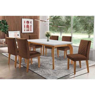 Sala de Jantar Completa Londrina c/Tampo Madeirado Canto Reto 180x90cm e 6 cadeiras Jade Imbuia - Veludo Marrom - Rufato