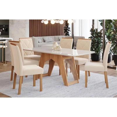 Sala De Jantar Completa Carol Tampo Madeirado Com Vidro 180x90cm E 6 Cadeiras Fernanda Madeirado-suede Nude Bege - Cimol