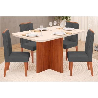 Sala de Jantar Completa Hera c/ Tampo Madeirado c/ Vidro 120x90cm e 4 Cadeiras Lia Freijó/Suede Lunar - DJ Móveis