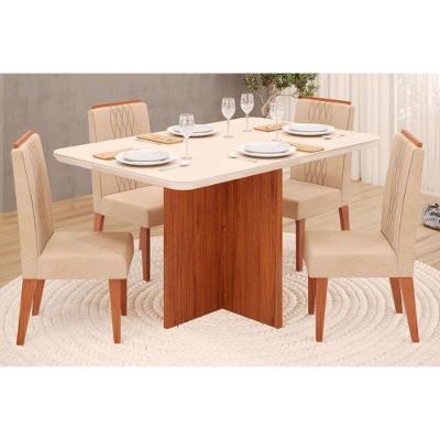Sala de Jantar Completa Hera c/ Tampo Madeirado c/ Vidro 120x90cm e 4 Cadeiras Lia Freijó/Suede Kraft - DJ Móveis