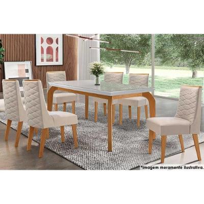 Sala de Jantar Completa Londrina c/ Tampo Madeirado c/ Vidro 180x90cm e 6 Cadeiras Dafne Capuccino/Suede Creme - Rufato