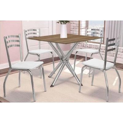 Sala de Jantar Completa Volga c/ Tampo de Madeira 90cm + 4 Cadeiras Portugal Cromada/Branco 106 - Kappesberg