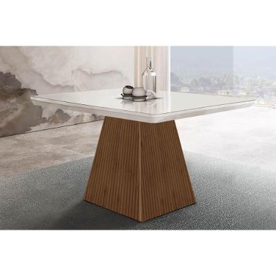 Mesa p/ Cozinha Luna c/ Tampo 90x90cm Flex Madeirado Vidro Canto Curvo - Imbuia/Ripado 3D/Off White - Rufato