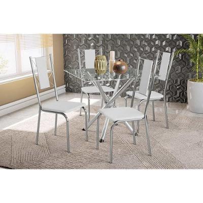 Sala de Jantar Completa Volga c/ Tampo de Vidro 90cm e 4 Cadeiras Lisboa Cromada - Branco - Kappesberg