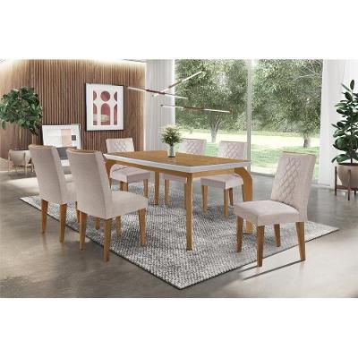 Sala de Jantar Completa Londrina Tampo Madeirado c/ Vidro 180x90cm e 6 Cadeiras Jade Capuccino/Linho Bege Turim - Rufato