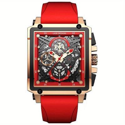 Relógio Masculino Lige, Quadrado De Pulso à Prova D'água Com Pulseira De Silicone Quartzo Esportivo Vermelho