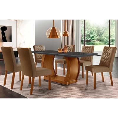 Sala de Jantar Completa Jade Tampo Madeirado c/ Vidro Reto 180x90 e 6 Cadeiras Jade Imbuia - Veludo Capuccino - Rufato