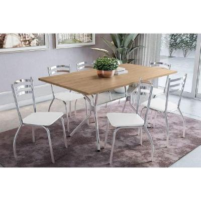 Sala de Jantar Completa Loire c/ Tampo de Madeira 160cm + 6 Cadeiras Portugal Cromada/Branco 106 - Kappesberg