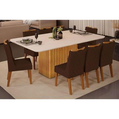 Sala de Jantar Completa Canes Tampo Madeirado c/ Vidro Curvo 200x100cm e 8 Cadeiras Stela Cedro/Off White - Ipe/Suede Moca - DJ Móveis