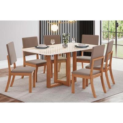 Sala de Jantar Completa Natalí c/ Tampo Madeirado c/ Vidro Curvo 160x90cm e 6 Cadeiras Milla Nature/Veludo Light Marrom Amêndoa - Henn