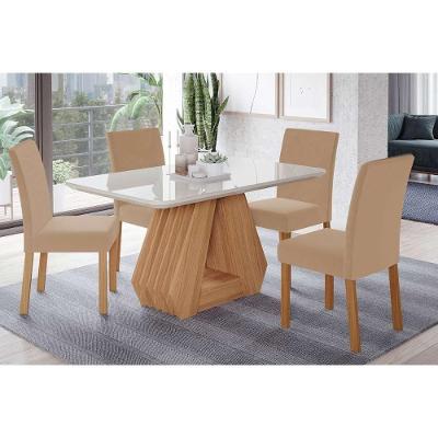 Sala de Jantar Completa Ágata c/ Tampo Madeirado c/ Vidro 130x80cm e 4 Cadeiras Maia Nature/Suede Gengibre Bege - Cimol