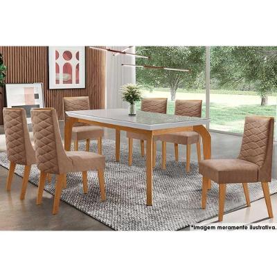 Sala de Jantar Completa Londrina c/ Tampo Madeirado c/ Vidro 180x90cm e 6 Cadeiras Dafne Capuccino/Animale Chocolate - Rufato