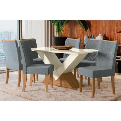 Sala de Jantar Completa Amora Tampo Madeirado c/ Vidro 90x170cm e 6 Cadeiras 2CAD129 Freijo/Off White/Vidro Off White - Veludo Tita - Kappesberg