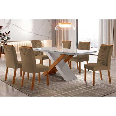 Sala de Jantar Completa Imperatriz Tampo Madeirado c/ Vidro Reto 180x90 e 6 Cadeiras Amsterdã Imbuia/Off White - Veludo Capuccino - Rufato