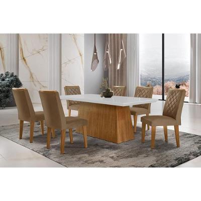 Sala de Jantar Completa Luna c/ Tampo de Vidro Canto Curvo 180x90cm e 6 cadeiras Jade Imbuia/Off White - Suede Capuccino - Rufato
