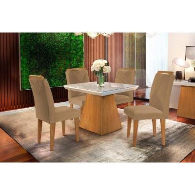 Sala de Jantar Completa Luna c/ Tampo Madeirado Vidro Canto Curvo 90x90cm e 4 cadeiras Amsterdã Imbuia/Off White - Suede Capuccino - Rufato