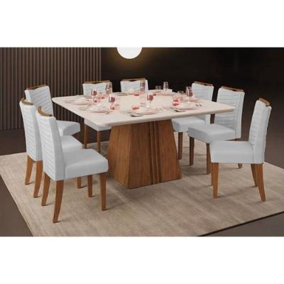 Sala de Jantar Completa Itália Tampo Madeirado c/ Vidro Curvo 136x136cm e 8 Cadeiras Julia Freijo/Off White - Linho Neve - DJ Móveis