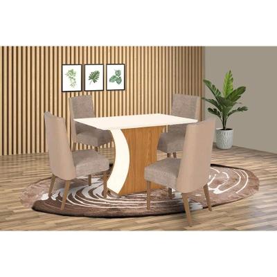 Sala de Jantar Completa Luiza SC42 Tampo Madeirado c/ Vidro Canto Curvo 120x80cm e 4 Cadeiras Anne Nature/Courano/Creme - Henn