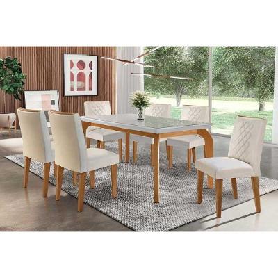 Sala de Jantar Completa Londrina c/ Tampo Madeirado Vidro Canto Reto 180x90cm e 6 cadeiras Jade Imbuia - Veludo Creme - Rufato