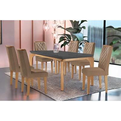 Mesa de Sala Jantar Londrina c/ Tampo Madeirado Vidro Canto Curvo 180x90cm e 6 cadeiras Jade Imbuia/Grafite - Suede Capuccino - Rufato