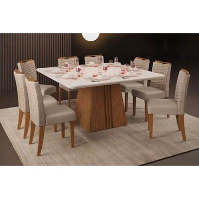 Sala de Jantar Completa Itália Tampo Madeirado c/ Vidro Curvo 136x136cm e 8 Cadeiras Julia Freijo/Off White - Suede Kraft - DJ Móveis