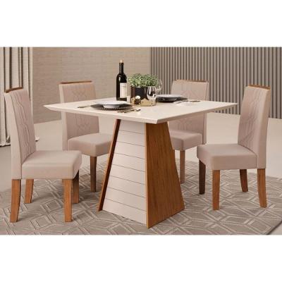 Sala de Jantar Completa Fler Tampo Madeirado c/ Vidro 90x90cm e 4 Cadeiras Zoe Freijo/Off White - Suede Creme - DJ Móveis