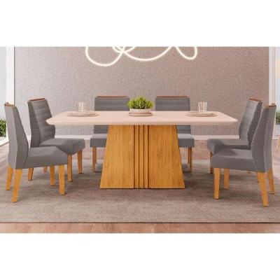 Sala de Jantar Completa Itália Tampo Madeirado c/ Vidro Curvo 170x90cm e 6 Cadeiras Ondina Cedro/Off White - Suede Lunar - DJ Móveis