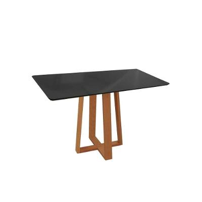 Mesa de Sala Jantar Elma Madeira Maciça c/Tampo Madeirado c/ Vidro 80x120cm Carvalho/Preto fosco/Vidro preto - Kappesberg