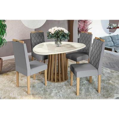 Sala de Jantar Completa Lavanda Tampo Madeirado c/ Vidro 105x135cm e 4 Cadeiras 2CAD153 Nogueira/Off White/Vidro Off White - Eucalipto - Kappesberg