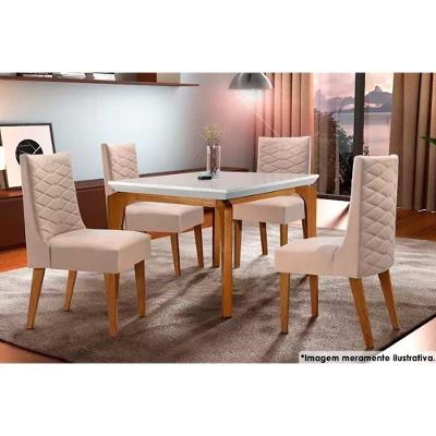 Sala de Jantar Completa Londrina c/ Tampo Madeirado c/ Vidro 120x80cm e 4 Cadeiras Dafne Imbuia/Suede Creme Pérola - Rufato