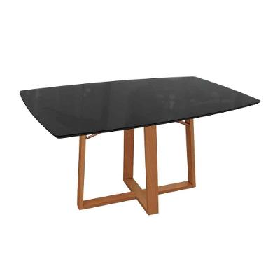 Mesa de Sala Jantar Elma Madeira Maciça c/Tampo Madeirado c/ Vidro 90x170cm Carvalho/Preto fosco/Vidro preto - Kappesberg