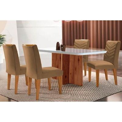 Sala de Jantar Completa Berlim c/ Tampo Madeirado Vidro Canto Curvo 120x80cm e 4 Cadeiras Londrina Imbuia/Off White - Suede Capuccino - Rufato