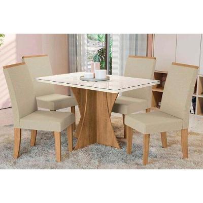 Sala De Jantar Completa Figueira Tampo Madeirado C- Vidro 105x105cm E 4 Cadeiras 2cad142 Nogueira-off White-vidro Off White - Linho Beg - Kappesberg