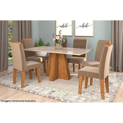 Conjunto Sala de Jantar Patricia c/ Tampo Madeirado c/ Vidro Canto Reto 160x80cm e 6 Cadeiras Taís Savana-Nature-Madeirado/Off White -Velud-Cimol