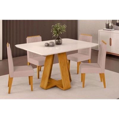 Sala de Jantar Completa Celeste Tampo Madeirado c/ Vidro Curvo 120x90cm e 4 Cadeiras Lia Cedro/Off White - Suede Kraft - DJ Móveis