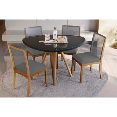 Sala de Jantar Completa Duna Tampo Madeirado c/ Vidro 135x105cm e 4 Cadeiras Lara Carvalho/Preto fosco/Vidro preto - Linho Cinza - Kappesberg