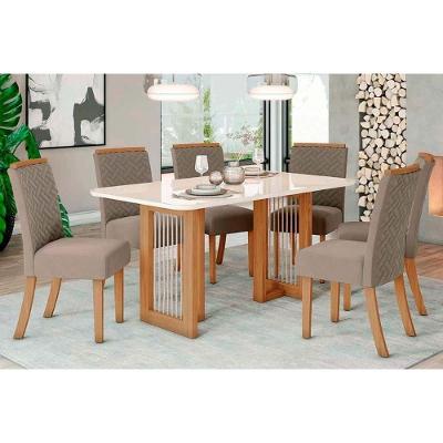 Sala de Jantar Completa Yara c/ Tampo Madeirado c/ Vidro Reto 160x90cm e 6 Cadeiras Malu Nature/Suede Light Marrom Amendoa - Henn