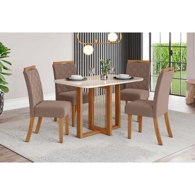 Sala de Jantar Completa Natalí c/ Tampo Madeirado c/ Vidro Curvo 120x80cm e 4 Cadeiras Bella Nature/Marrom Amêndoa - Henn