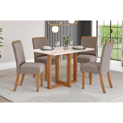 Sala de Jantar Completa Natalí c/ Tampo Madeirado c/ Vidro Reto 120x80cm e 4 Cadeiras Malu Nature/Suede Light Marrom Amendoa - Henn