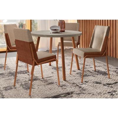 Sala de Jantar Completa Stellar 1599 Aço c/ Tampo Madeirado 100cm e 4 Cadeiras Hug Rose/Petra - Rose/Areia -  Caramelo - Carraro
