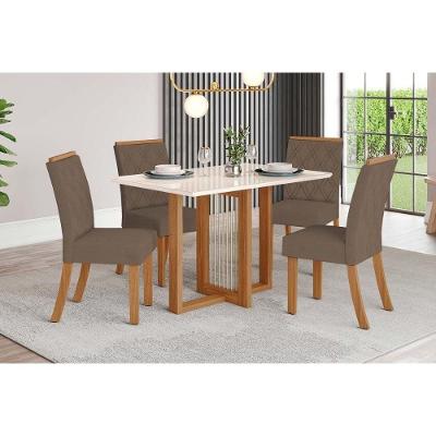Sala de Jantar Completa Natalí c/ Tampo Madeirado c/ Vidro Reto 120x80cm e 4 Cadeiras Vita Nature/Suede Light Bege - Henn