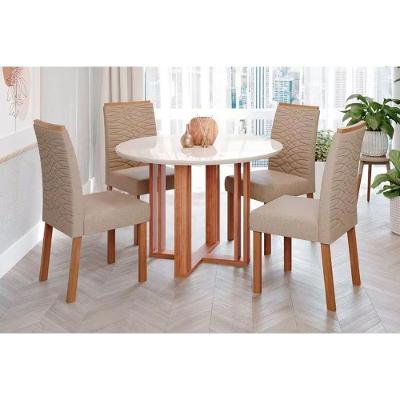 Sala de Jantar Completa Flora c/ Tampo Madeirado c/ Vidro 109cm e 4 Cadeiras Clarice Cinamomo/Off White - Nature-Madeirado/Linho Be - Cimol