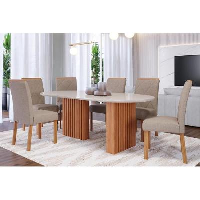 Sala de Jantar Completa Ester Tampo Madeirado Oval c/ Vidro 210x100cm e 6 Cadeiras Fernanda Cinamomo/Off White - Nature-Madeirado/Linho Be - Cimol