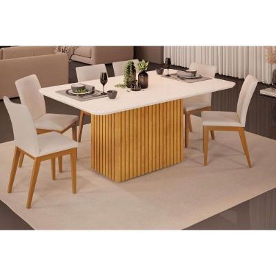 Sala de Jantar Completa Canes Tampo Madeirado c/ Vidro Curvo 170x90cm e 6 Cadeiras Vitória Cedro/Off White - Ipe/Linho Neve - DJ Móveis