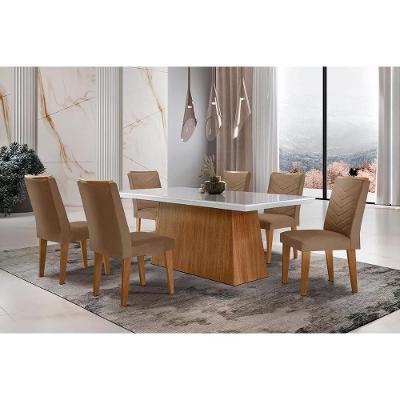 Sala de Jantar Completa Luna c/ Tampo Vidro Canto Curvo 180x90cm e 6 cadeiras Londrina Imbuia/Off White - Suede Capuccino - Rufato
