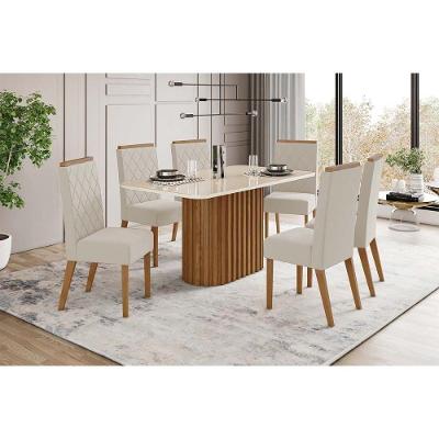Sala de Jantar Completa Solana c/ Tampo Madeirado c/ Vidro Curvo 160x90cm e 6 Cadeiras Nina Nature/Veludo Light Linho - Henn
