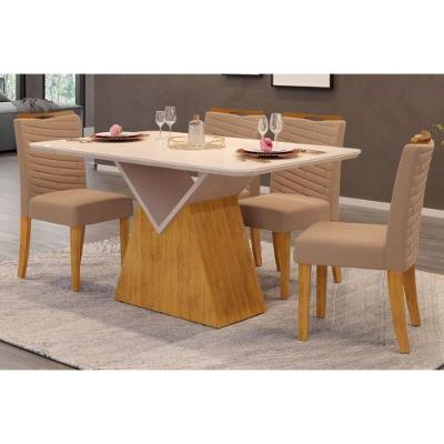 Sala de Jantar Completa Argo Tampo Madeirado c/ Vidro Curvo 136x90cm e 4 Cadeiras Julia Cedro/Off White - Suede Kraft - DJ Móveis